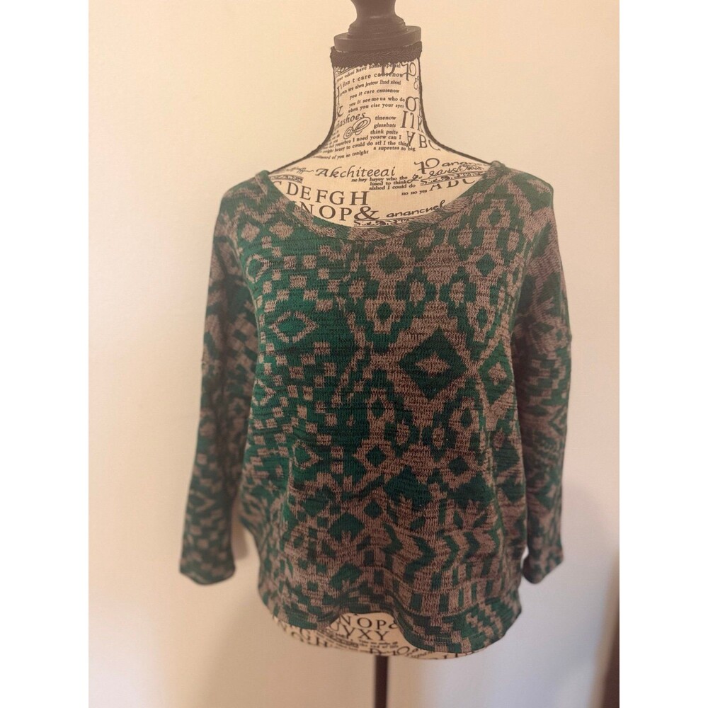 Moa Moa Geometric Knit Women's Green/Grey Geometric Pattern Crewneck Sweater L